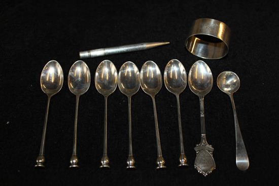 Set of 6 silver teaspoons, a Sampson Mordan, 2 other silver spoons and a napkin ring